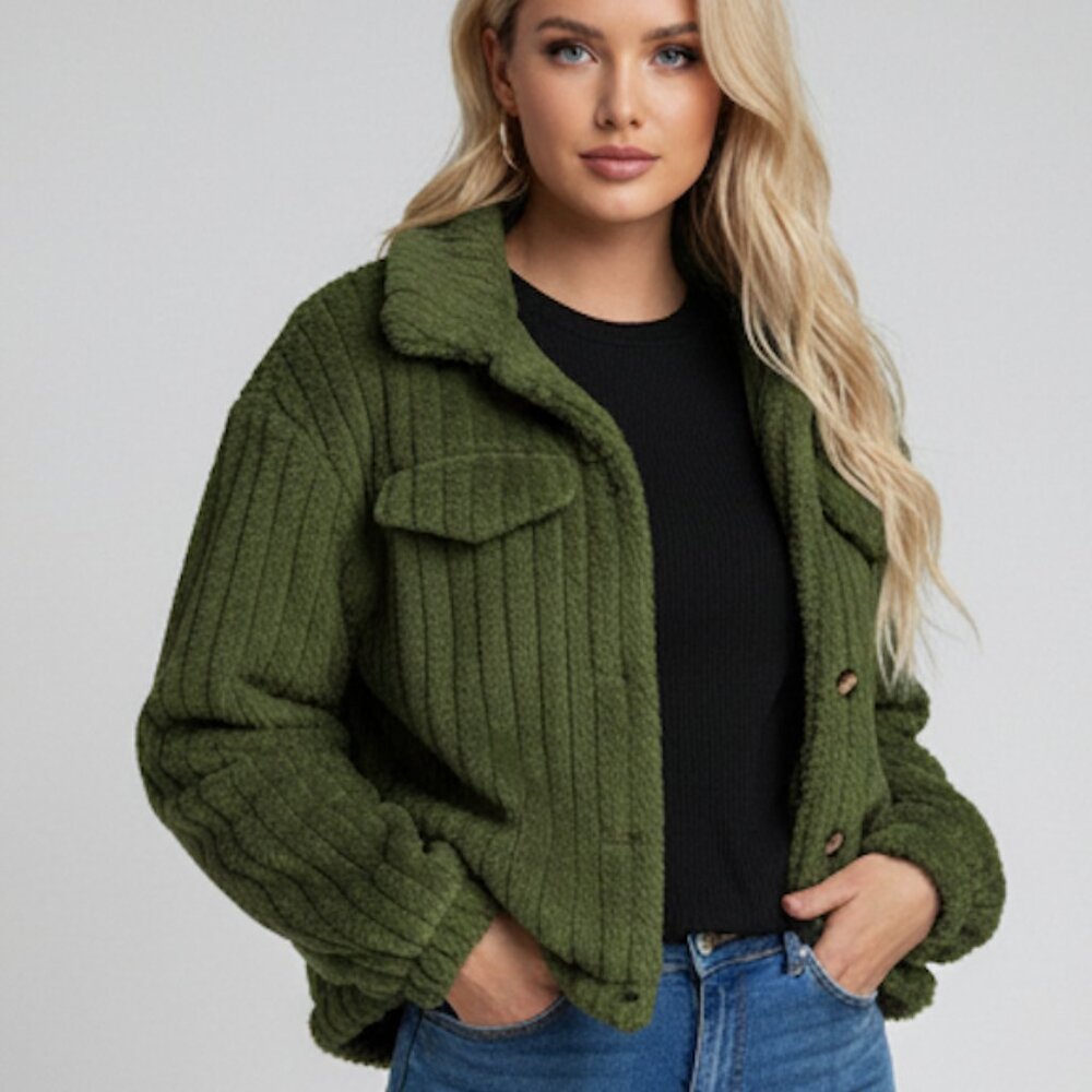Teddy Front Button Long Sleeve Jacket Green